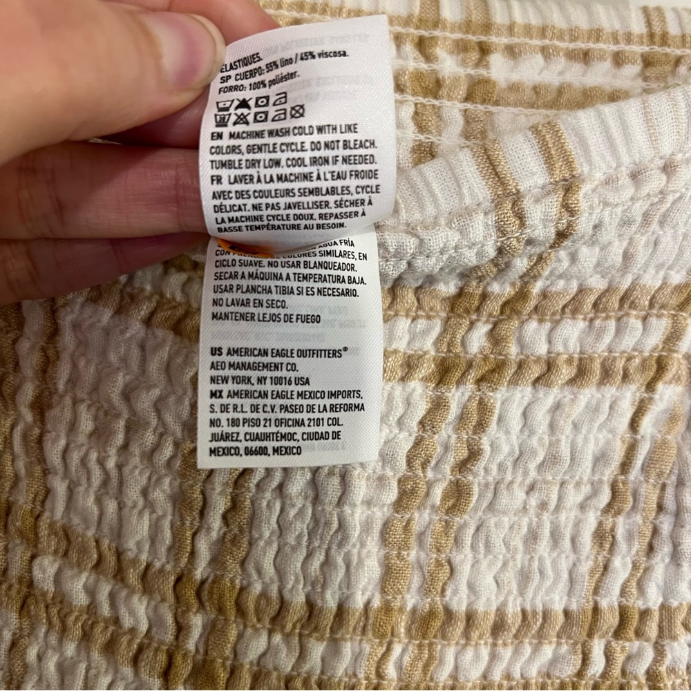 American Eagle M Smocked Linen Blend Dress White Tan Beige Plaid Ruffle … - Picture 7 of 7